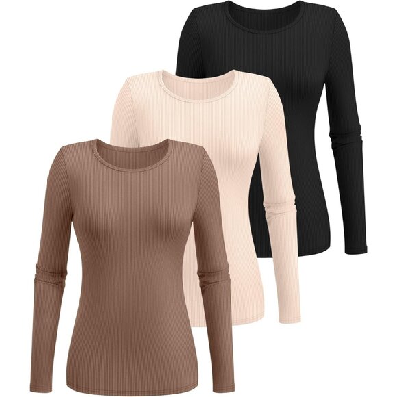 3 Pack Women's Ribbed Long Sleeve Tops, Crew Neck Slim Fit Undershirts Knit Basi - Picture 2 of 5